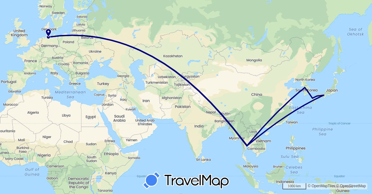TravelMap itinerary: driving in Germany, Japan, South Korea, Thailand (Asia, Europe)